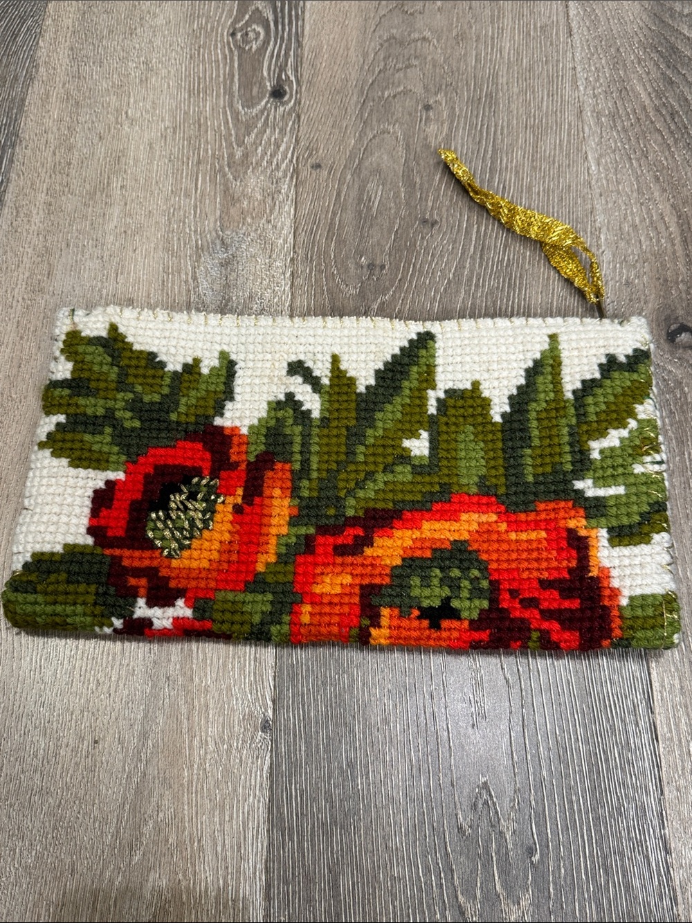 Hand Crafted Red & Orange Poppy Needlepoint Clutch 0899